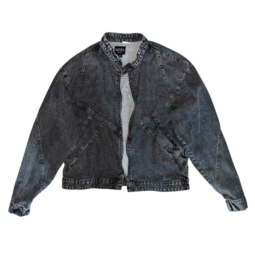 BoohooMAN Dark Gray Acid Wash Denim Zip Up Jacket